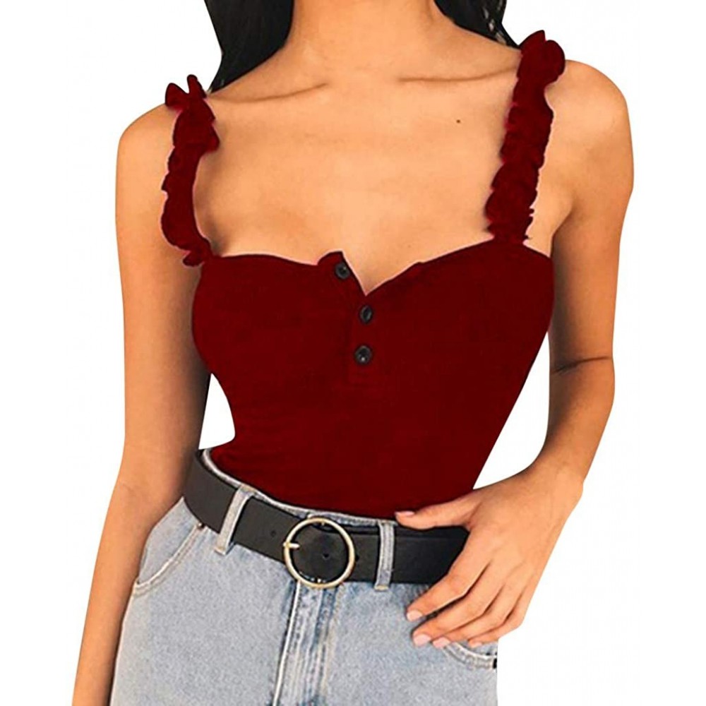 Thermal Underwear Fashion Womens Sexy Button Tank Top Vest Off Shoulder Halter Blouse T-Shirt - Wine - CF18Q94URH5