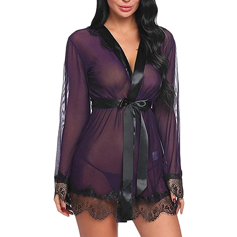 Bustiers & Corsets Women Sexy Lace Lingerie Long Sleeve Bath Robe Sleepwear with Belt for Women - Purple - CU18LZQEIA8