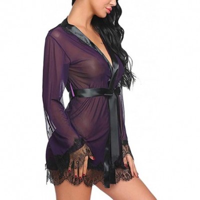 Bustiers & Corsets Women Sexy Lace Lingerie Long Sleeve Bath Robe Sleepwear with Belt for Women - Purple - CU18LZQEIA8