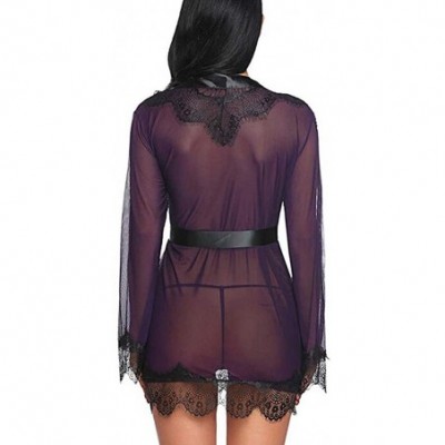 Bustiers & Corsets Women Sexy Lace Lingerie Long Sleeve Bath Robe Sleepwear with Belt for Women - Purple - CU18LZQEIA8