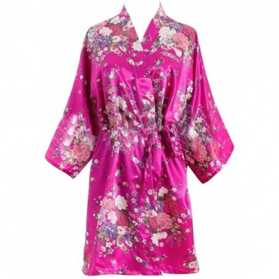 Robes Womens Print Short Sleeve Satin Kimono Bathrobe Nightgown Bridal Robe - Rose - CK18DOLZU86