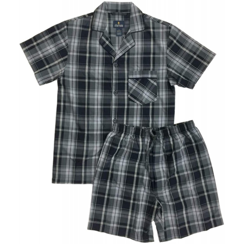 Sleep Sets Mens 2pc Gray & Burgundy Check Pajamas Cotton Blend Shorts & Shirt Sleep Set - C818SKUZZM9