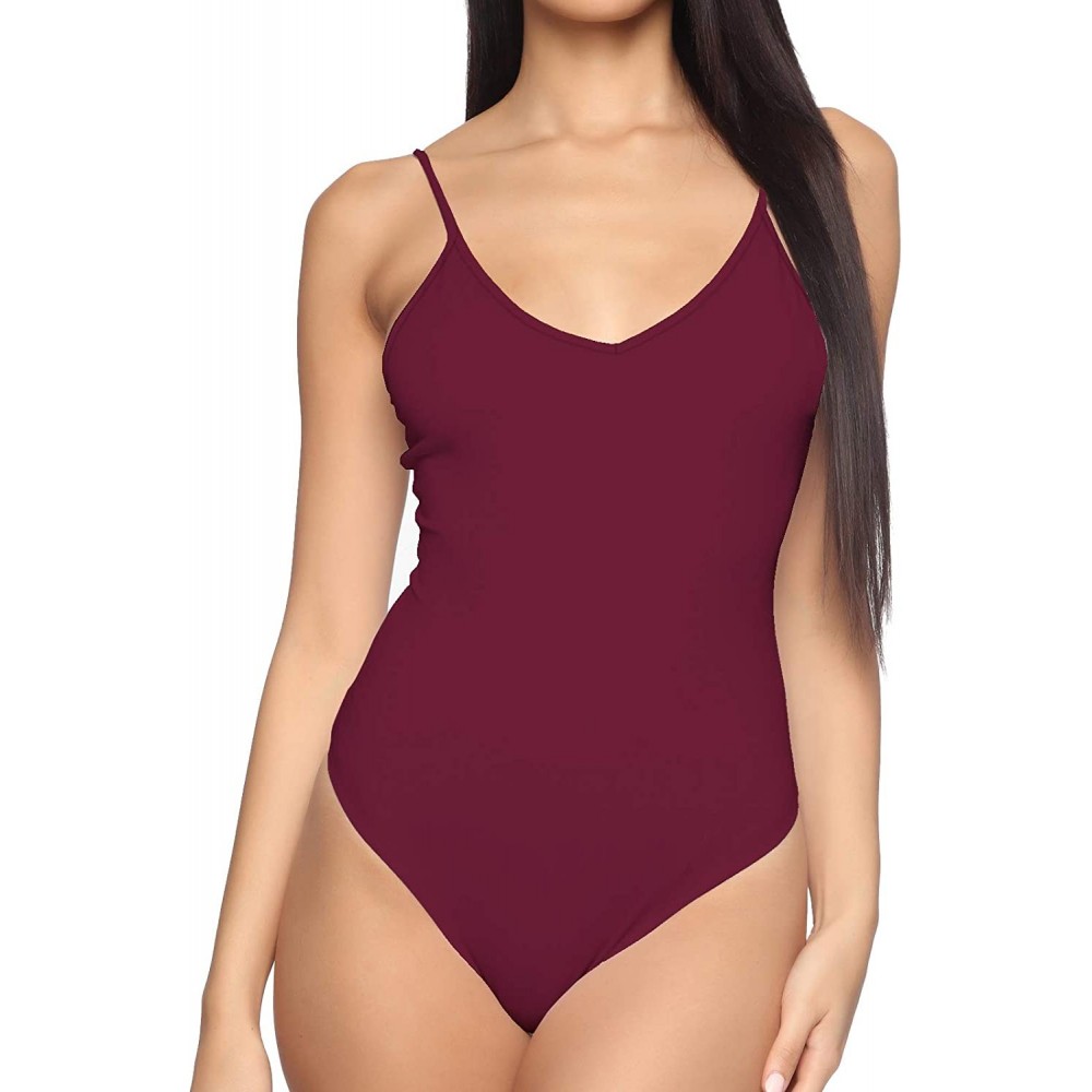 Shapewear Women's V-Neck/Square Neck Backless Camisole Adjustable Spaghetti Strap Bodysuits Jumpsuits - Burgundy - CM18Y7OK5LD