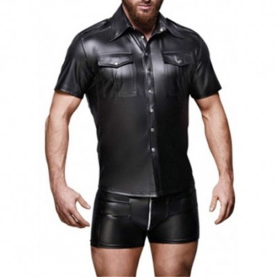 Undershirts Men Faux Leather Black Wet Look Short T-Shirt Nightwear Tops Undershirt - Black - C918RK4OM06