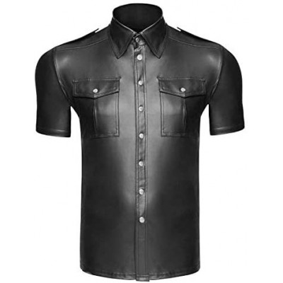 Undershirts Men Faux Leather Black Wet Look Short T-Shirt Nightwear Tops Undershirt - Black - C918RK4OM06