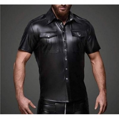 Undershirts Men Faux Leather Black Wet Look Short T-Shirt Nightwear Tops Undershirt - Black - C918RK4OM06