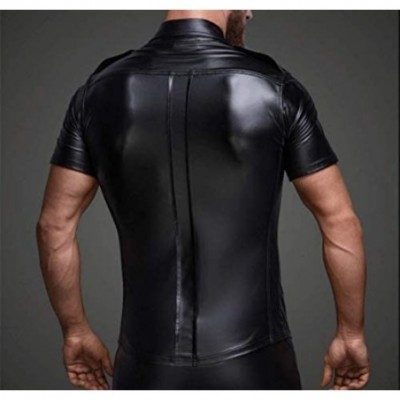 Undershirts Men Faux Leather Black Wet Look Short T-Shirt Nightwear Tops Undershirt - Black - C918RK4OM06