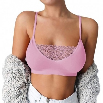 Bras Lace Bralette Women's Deep V Neck Unpadded Lace Long Line Plunge Bralette Bra - Pink - CM196UC6ZM9