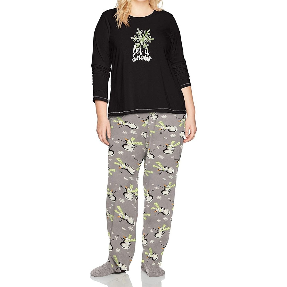 Sets Women's Printed Knit Tee and Pant 3 Piece Pajama Set - Black - Let It Snow/Snowman - CB186OCRL2L