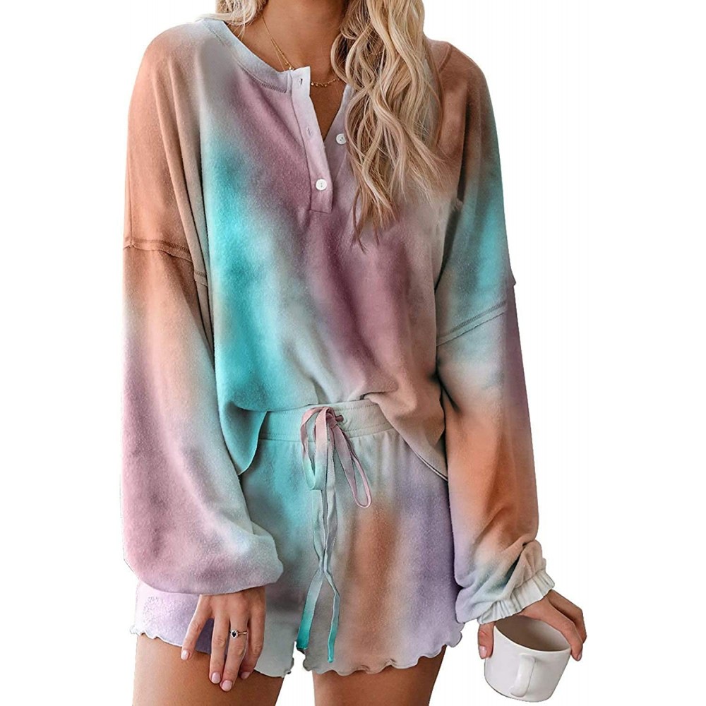 Sets Women's Tie-Dye Pajama Sets Sleepwear Long Sleeve Tops and Shorts 2 Piece Pajamas Set Casual Outfits - G - CD199UN3NM9