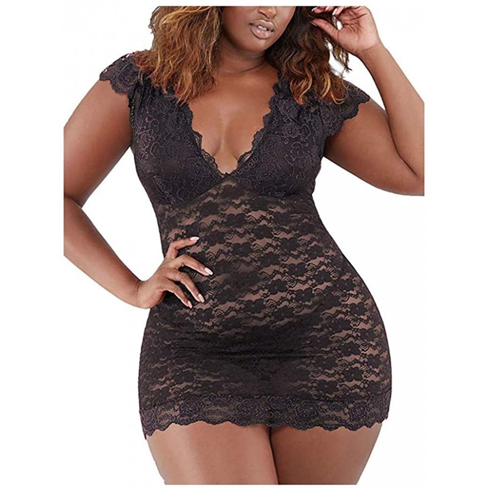 Baby Dolls & Chemises Women Plus Size Babydoll Lingerie Back Crisscross Lace Trim Chemise Sleepwear - Black - C7197DYSUUR