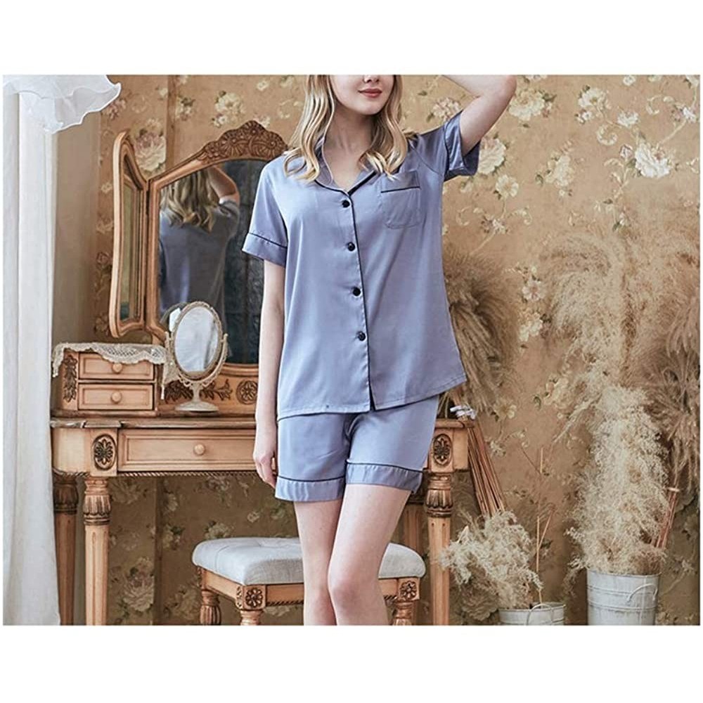 Sleep Sets Men Summer Short Sleeve Shorts Stain Silk Pajamas Set Male Couple Cardigan - Women Gray Set - CD18T9402SN