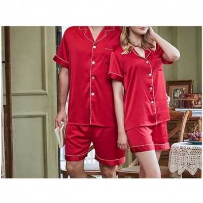 Sleep Sets Men Summer Short Sleeve Shorts Stain Silk Pajamas Set Male Couple Cardigan - Women Gray Set - CD18T9402SN