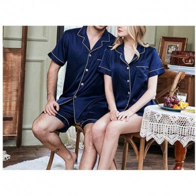 Sleep Sets Men Summer Short Sleeve Shorts Stain Silk Pajamas Set Male Couple Cardigan - Women Gray Set - CD18T9402SN