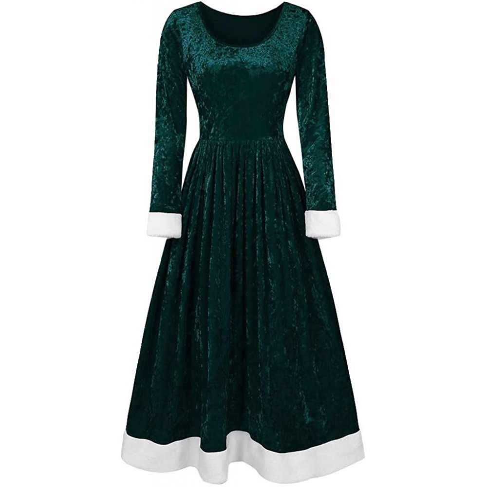 Slips Womens Christmas Dresses Velvet Santa Long Sleeve O-Neck Festival Dress and Hooded Cloak - Dress-green - CW18Z4G5AQR