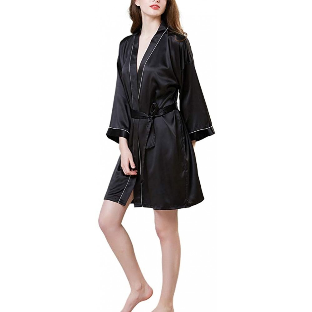 Robes Womens Satin Kimono Robe Long Sleeve Silky Bathrobe Brides Bridesmaids Pajama Dress Sleepwear for Wedding Black - CZ19C...