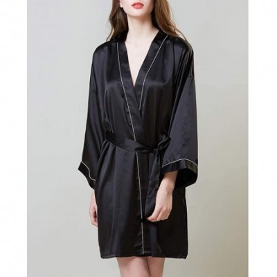 Robes Womens Satin Kimono Robe Long Sleeve Silky Bathrobe Brides Bridesmaids Pajama Dress Sleepwear for Wedding Black - CZ19C...