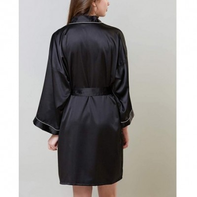 Robes Womens Satin Kimono Robe Long Sleeve Silky Bathrobe Brides Bridesmaids Pajama Dress Sleepwear for Wedding Black - CZ19C...