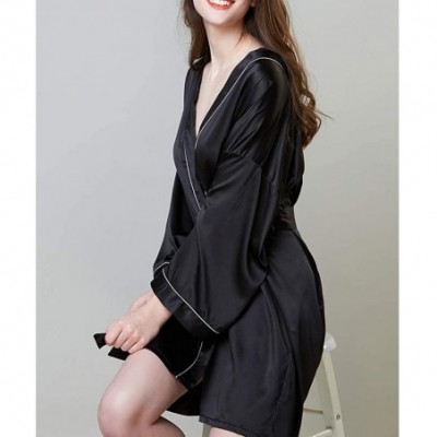 Robes Womens Satin Kimono Robe Long Sleeve Silky Bathrobe Brides Bridesmaids Pajama Dress Sleepwear for Wedding Black - CZ19C...