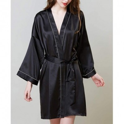 Robes Womens Satin Kimono Robe Long Sleeve Silky Bathrobe Brides Bridesmaids Pajama Dress Sleepwear for Wedding Black - CZ19C...