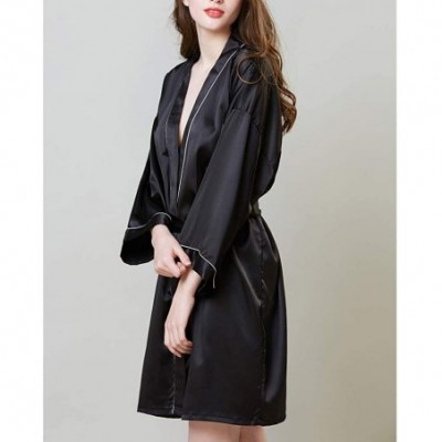 Robes Womens Satin Kimono Robe Long Sleeve Silky Bathrobe Brides Bridesmaids Pajama Dress Sleepwear for Wedding Black - CZ19C...