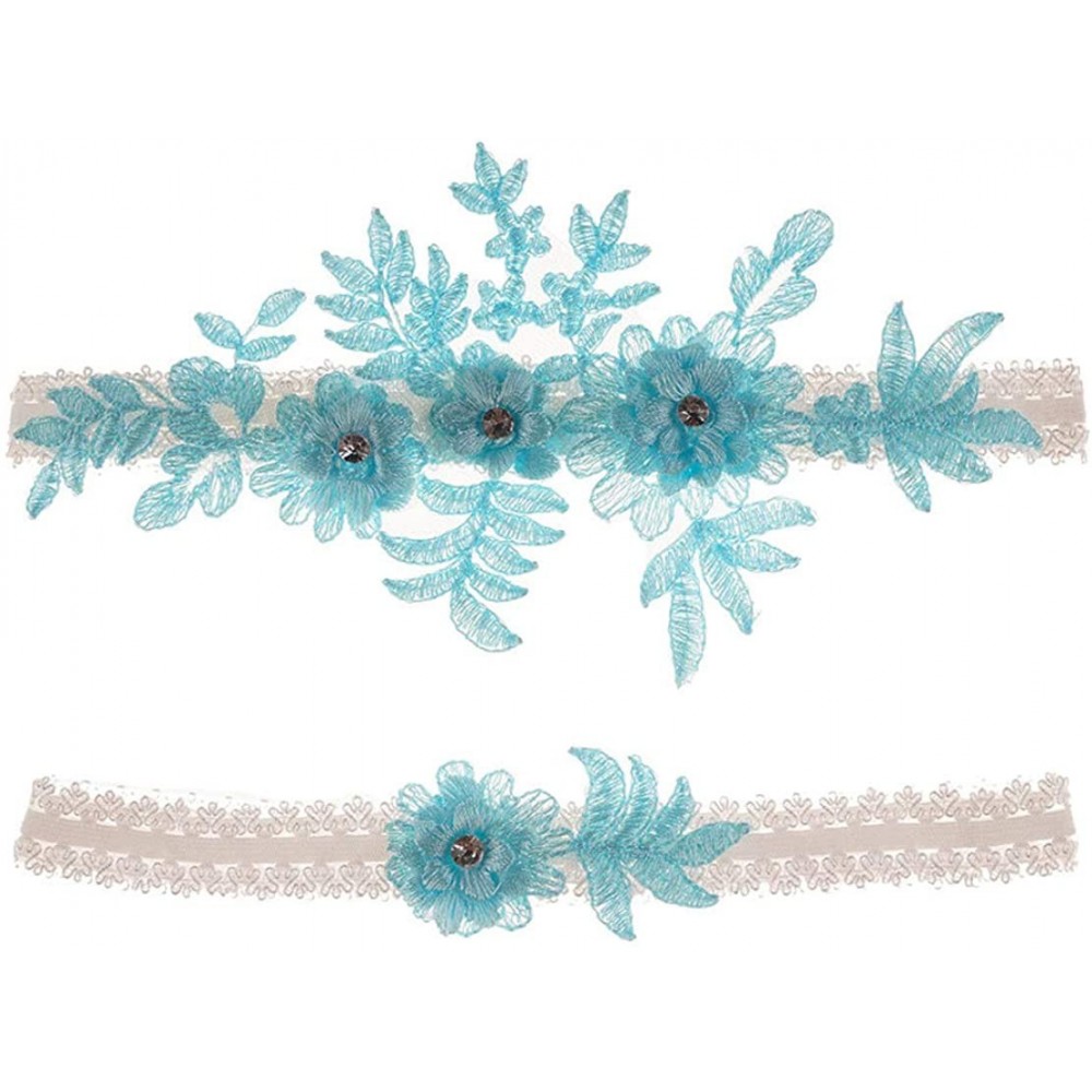 Garters & Garter Belts Elegant Lace Wedding Garters for Bride Rhinestone Party Garter 2 Pcs - Light Blue - CV199ULQ8Q6