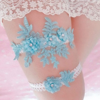 Garters & Garter Belts Elegant Lace Wedding Garters for Bride Rhinestone Party Garter 2 Pcs - Light Blue - CV199ULQ8Q6