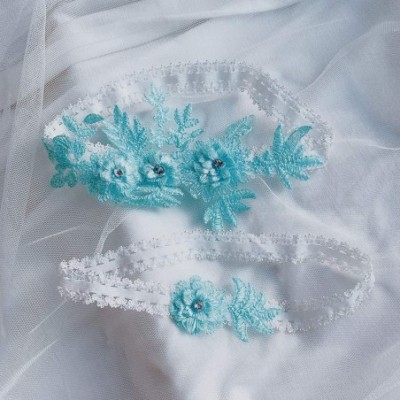 Garters & Garter Belts Elegant Lace Wedding Garters for Bride Rhinestone Party Garter 2 Pcs - Light Blue - CV199ULQ8Q6