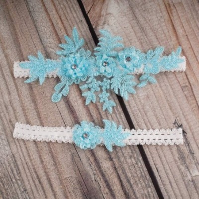 Garters & Garter Belts Elegant Lace Wedding Garters for Bride Rhinestone Party Garter 2 Pcs - Light Blue - CV199ULQ8Q6