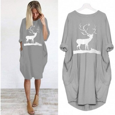 Slips Womens Fashion Dresses Loose Cute Elk Printed Midi Dress Round Neck Christmas Dress with Pocket - Gray - C818ZTHGA9C