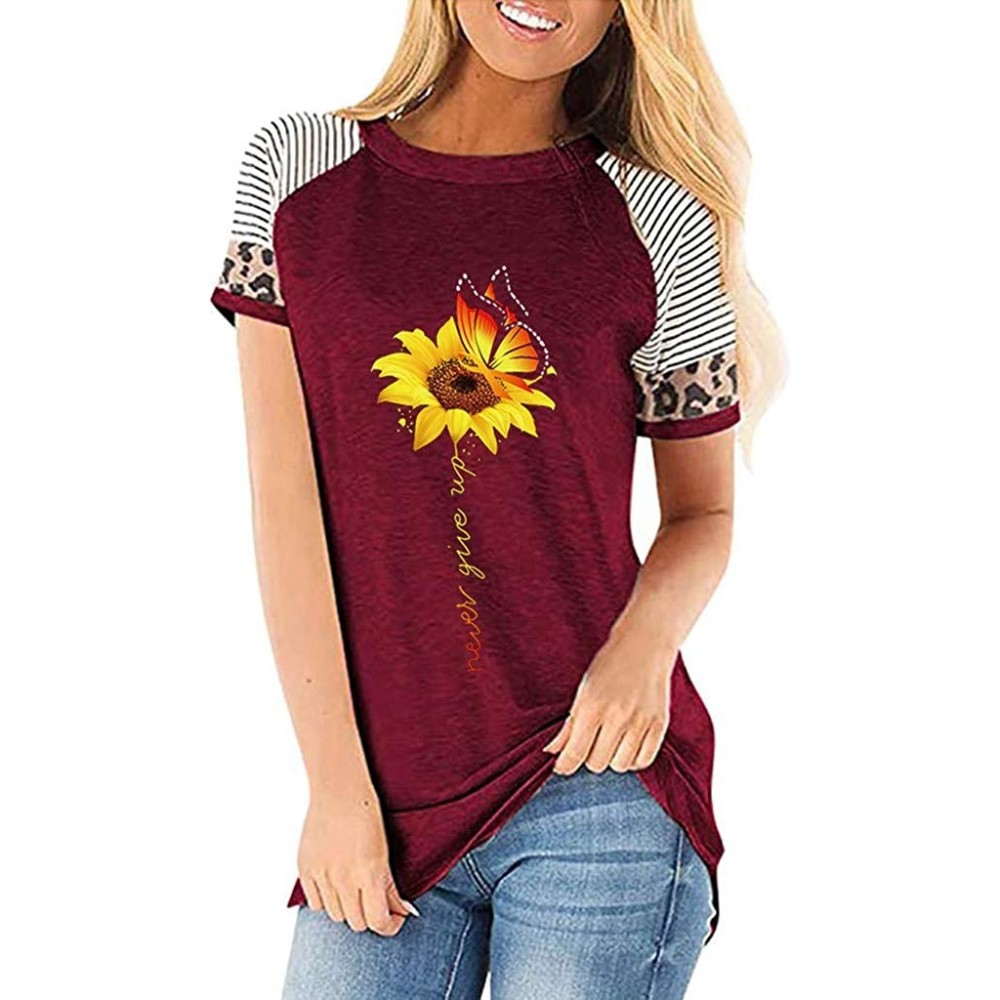 Tops Women's Sunflower Leopard Patchwork Short Sleeve O-Neck Print Casual Top T-Shirt - J-wine - CS197LA4H8O