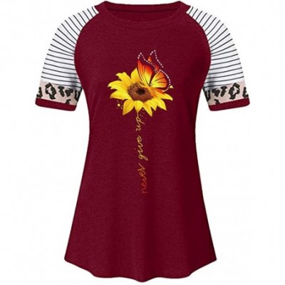 Tops Women's Sunflower Leopard Patchwork Short Sleeve O-Neck Print Casual Top T-Shirt - J-wine - CS197LA4H8O