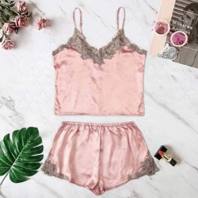 Baby Dolls & Chemises 2020 New Women's Lace Sexy Lingerie Hollow Satin V-Neck Bowknot Two-Piece Set Nightwear Cute Soft Sleep...