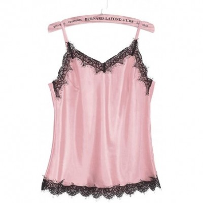 Sets Women Sexy Sleepwear- 2019 Lingerie Sleeveless Strap Nightwear Lace Trim Satin Top Pajama Sets - Pink - CP18N93CHR3