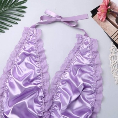 Bikinis Men's Shiny Satin Sissy Lingerie Lace Trim Bodysuit Halter Neck Bikini Nightwear - Purple - CB18NDXN4NA