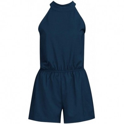 Garters & Garter Belts Women Summer Sleeveless Hollow Out Elastic Waist Pocket Casual Playsuit Jumpsuit - Blue - C3199N7QTA7