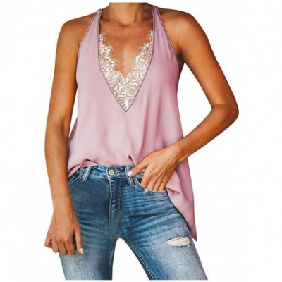 Thermal Underwear Summer Tank Tops Women Casual Bandages Sleeveless Vest Blouse Crochet Lace Camisole - Pink - CO194AT8QDD