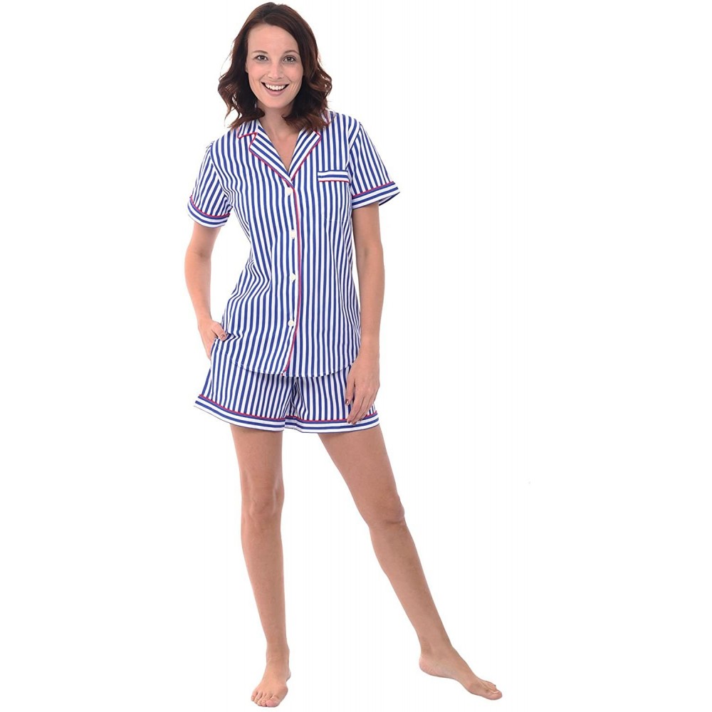 Sets Women's Lightweight Button Down Pajama Set- Short Summer Pjs - Blue and White Striped With Red Piping - C312LV2GR4F