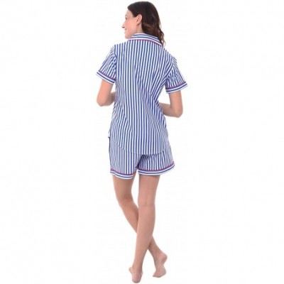 Sets Women's Lightweight Button Down Pajama Set- Short Summer Pjs - Blue and White Striped With Red Piping - C312LV2GR4F