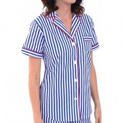 Sets Women's Lightweight Button Down Pajama Set- Short Summer Pjs - Blue and White Striped With Red Piping - C312LV2GR4F