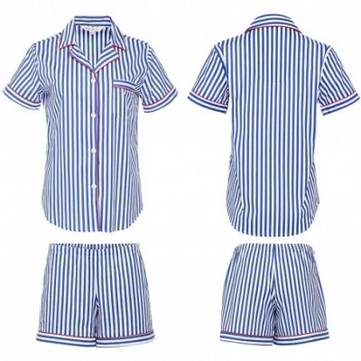 Sets Women's Lightweight Button Down Pajama Set- Short Summer Pjs - Blue and White Striped With Red Piping - C312LV2GR4F