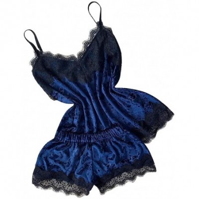 Sets Women Sexy Lingerie Lace Trim Cami Shorts Set Sleepwear Nightwear Velvet Satin Pajamas 2Pcs - Velvet-blue - CN194KYMW6C