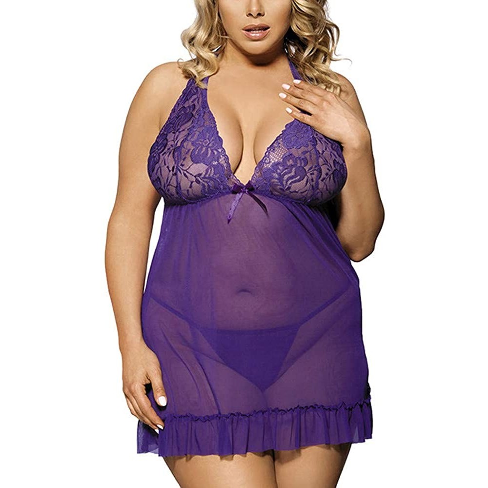 Baby Dolls & Chemises Womens Lingerie Sexy Open Back Lingerie Lace Babydoll Sleepwear Plus Size - Purple - CC197EQIRNQ