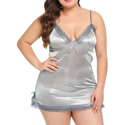 Accessories Women Sexy Bowknot Lingerie Chemise Babydoll Plus Size Lace Silk Nightdress with Thong - Silver - C4199U69IDT