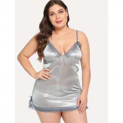 Accessories Women Sexy Bowknot Lingerie Chemise Babydoll Plus Size Lace Silk Nightdress with Thong - Silver - C4199U69IDT