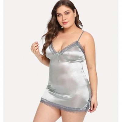 Accessories Women Sexy Bowknot Lingerie Chemise Babydoll Plus Size Lace Silk Nightdress with Thong - Silver - C4199U69IDT