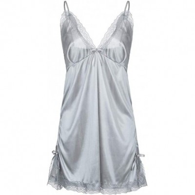 Accessories Women Sexy Bowknot Lingerie Chemise Babydoll Plus Size Lace Silk Nightdress with Thong - Silver - C4199U69IDT