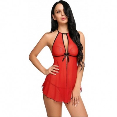 Baby Dolls & Chemises Women Sexy Mini Lace Nightwear Babydoll Mesh Lingerie Strap Chemise Halter Nighties - Style 2 red - CB1...