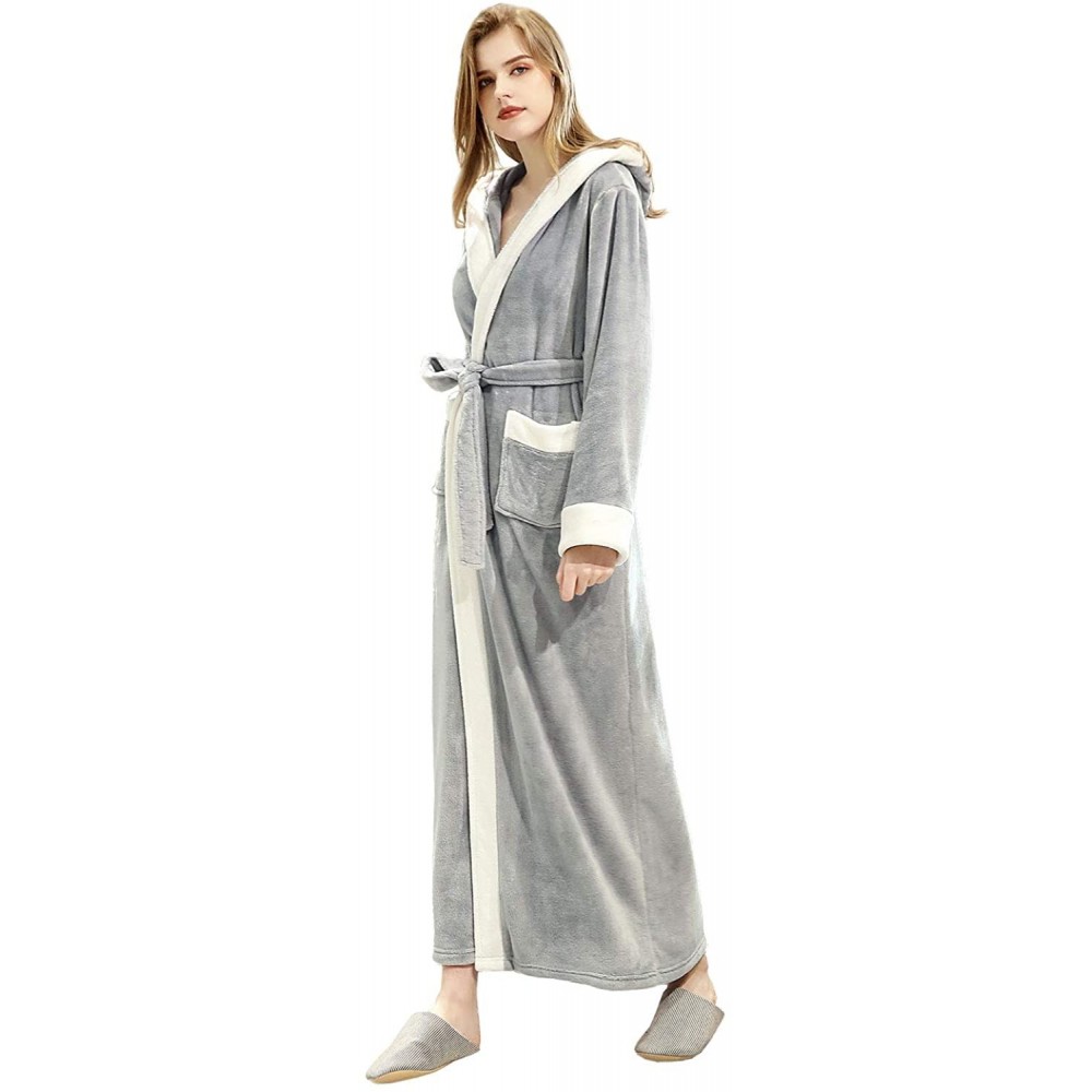 Robes Womens Long Robe with Hooded Full Length Soft Plush Ladies Bathrobe Sleepwear - Light Grey - C918WG9O7HQ