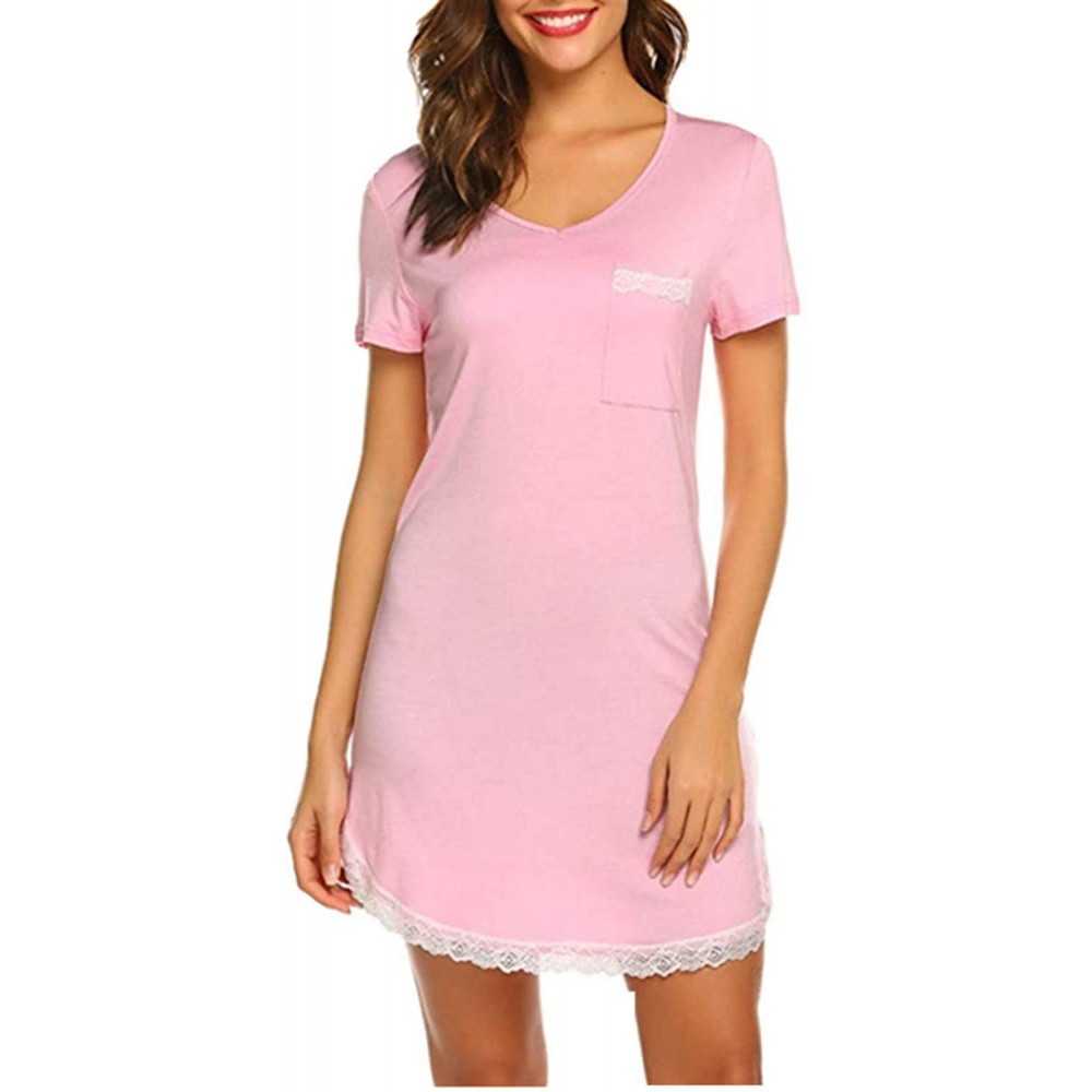 Nightgowns & Sleepshirts Women Maternity Breastfeeding Nightdress Buttoned Nightshirt Short Sleeve - Pink - C21979K5S4O